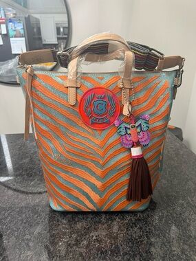 NWT lil Matt Conseula Turquoise & Orange Zebra Tote with Tassel Charm